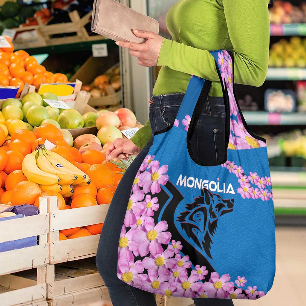Mongolia Grocery Bag with Floral Wolf Pink Blossom Blue Sky Spirit