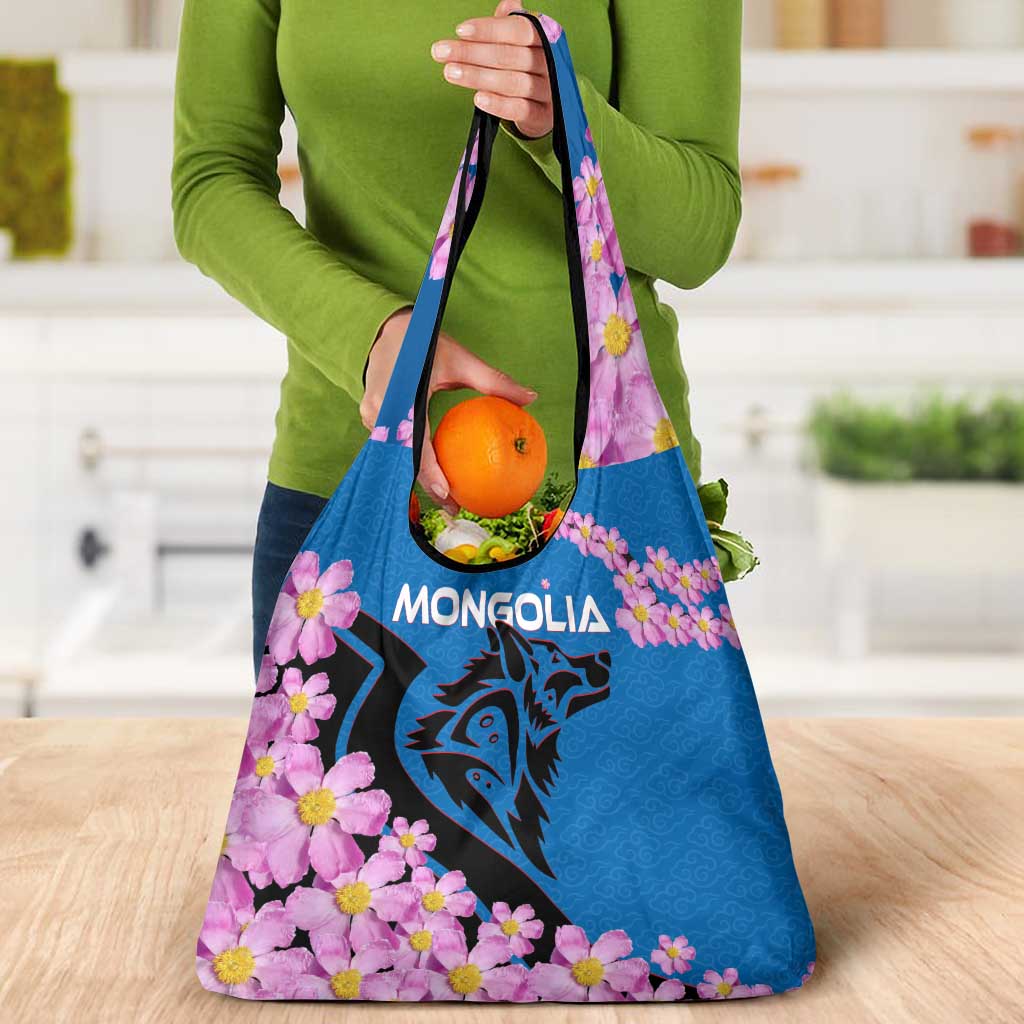 Mongolia Grocery Bag with Floral Wolf Pink Blossom Blue Sky Spirit
