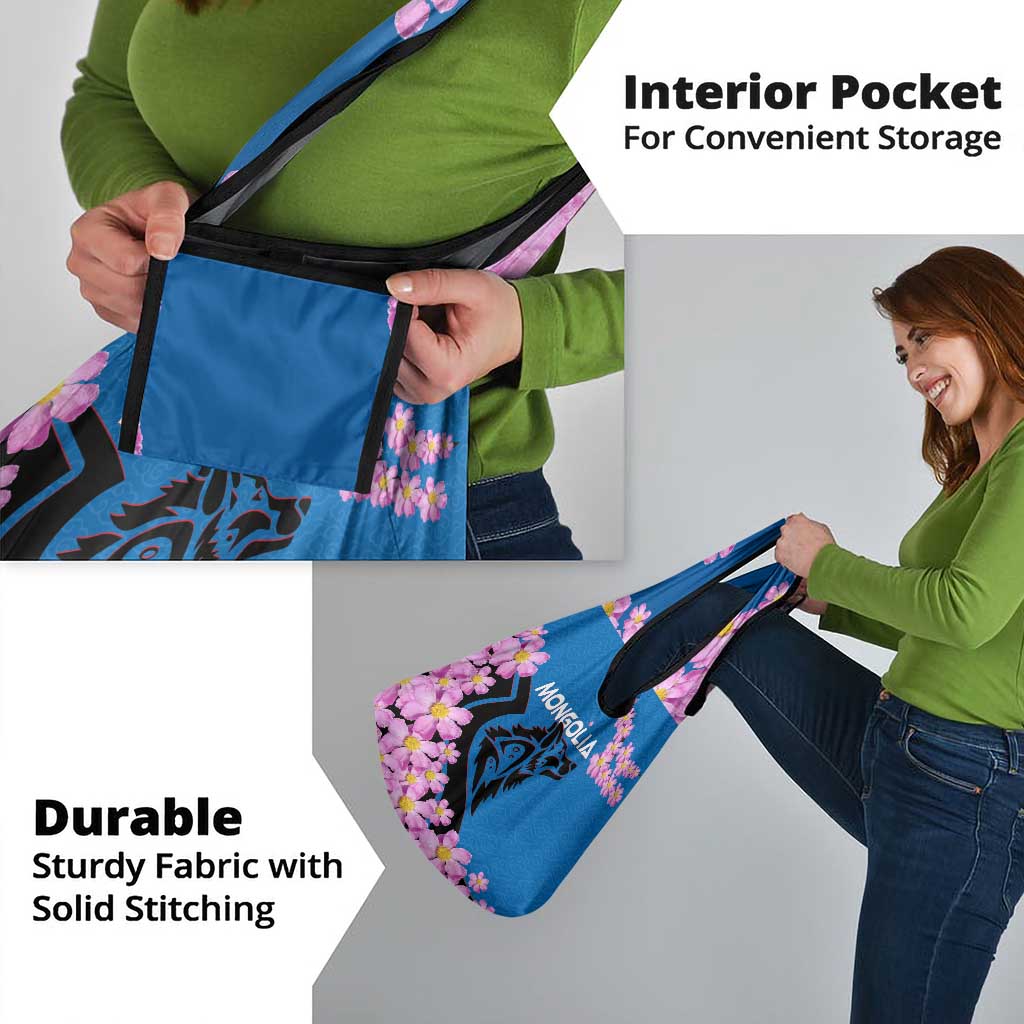 Mongolia Grocery Bag with Floral Wolf Pink Blossom Blue Sky Spirit