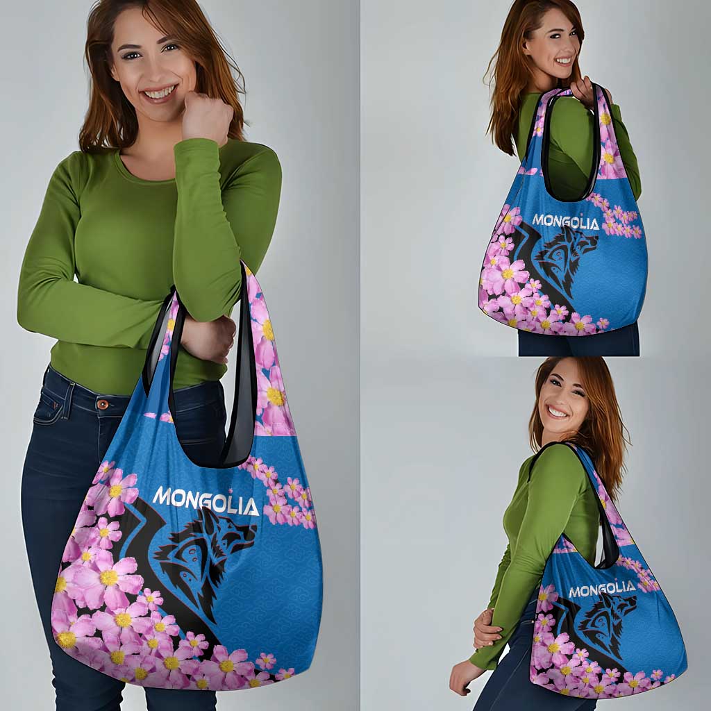 Mongolia Grocery Bag with Floral Wolf Pink Blossom Blue Sky Spirit
