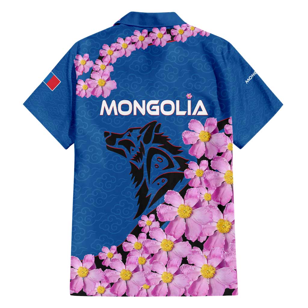 Mongolia Hawaiian Shirt with Floral Wolf Pink Blossom Blue Sky Spirit