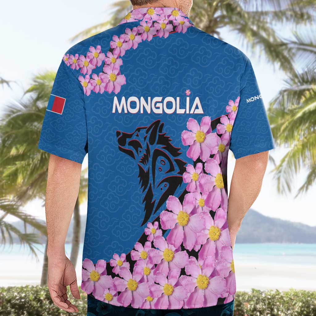 Mongolia Hawaiian Shirt with Floral Wolf Pink Blossom Blue Sky Spirit