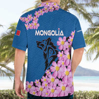 Mongolia Hawaiian Shirt with Floral Wolf Pink Blossom Blue Sky Spirit