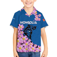 Mongolia Hawaiian Shirt with Floral Wolf Pink Blossom Blue Sky Spirit