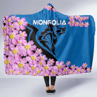 Mongolia Hooded Blanket with Floral Wolf Pink Blossom Blue Sky Spirit