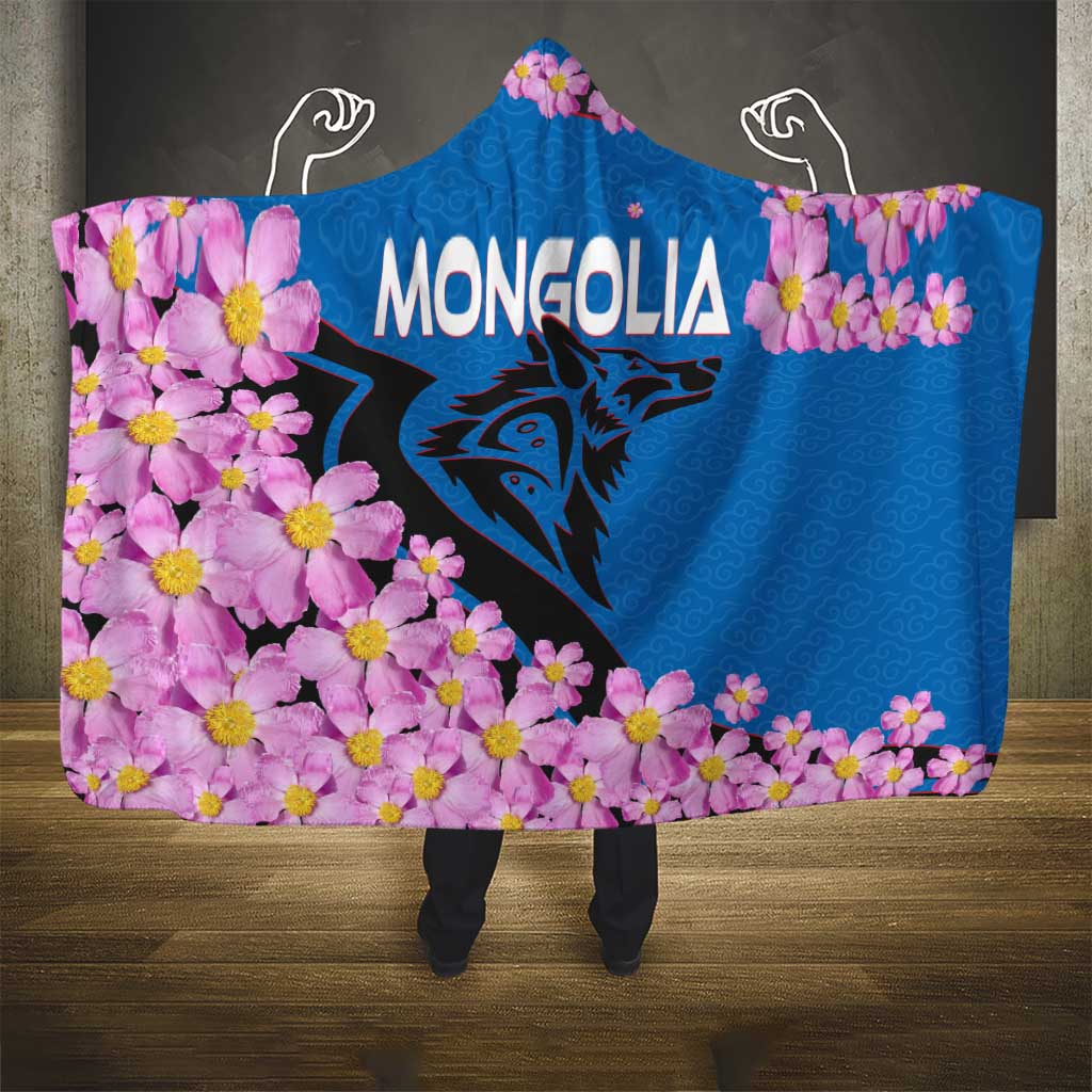 Mongolia Hooded Blanket with Floral Wolf Pink Blossom Blue Sky Spirit