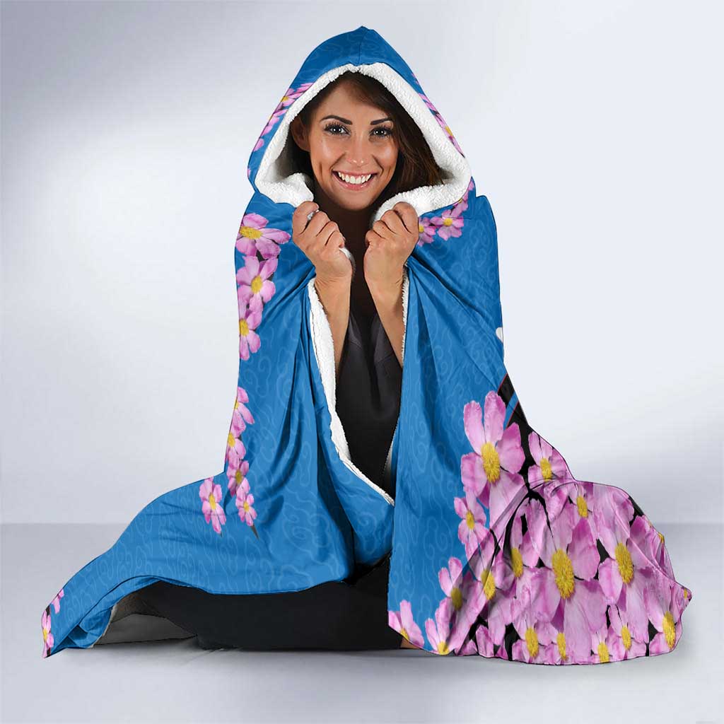 Mongolia Hooded Blanket with Floral Wolf Pink Blossom Blue Sky Spirit
