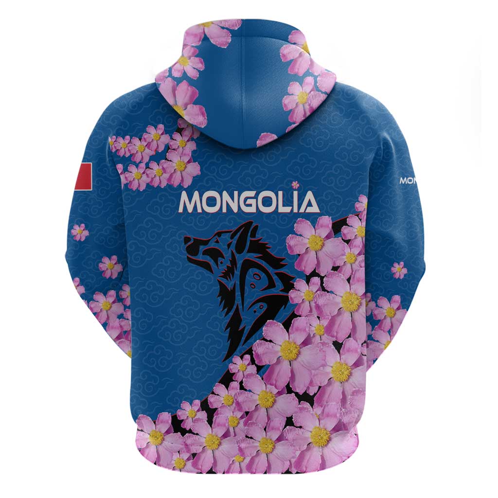 Mongolia Hoodie with Floral Wolf Pink Blossom Blue Sky Spirit