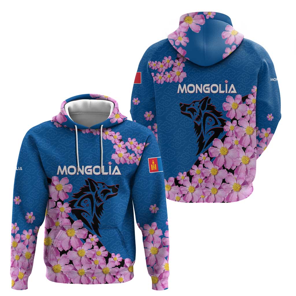Mongolia Hoodie with Floral Wolf Pink Blossom Blue Sky Spirit