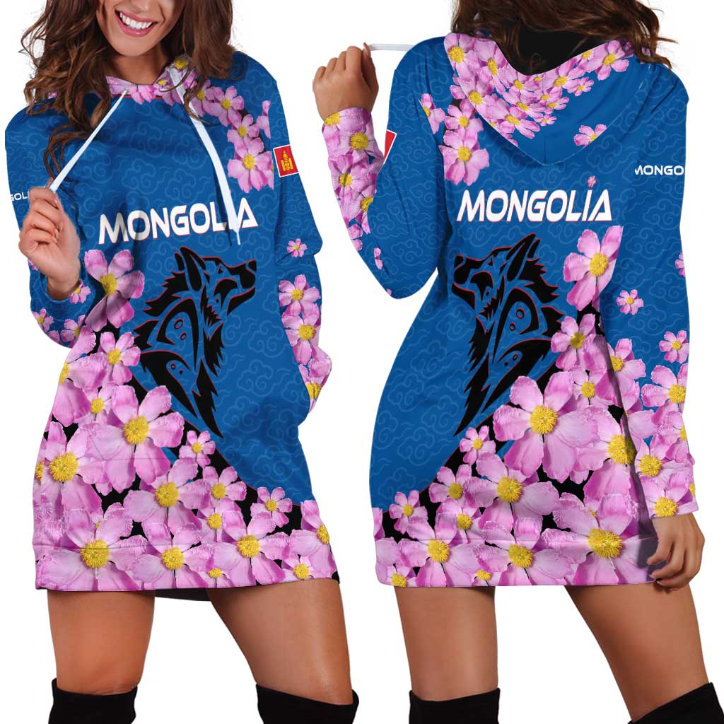 Mongolia Hoodie Dress with Floral Wolf Pink Blossom Blue Sky Spirit