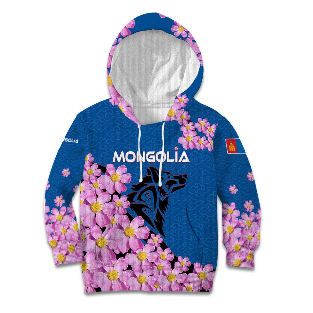 Mongolia Kid Hoodie with Floral Wolf Pink Blossom Blue Sky Spirit