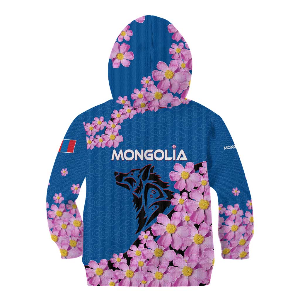 Mongolia Kid Hoodie with Floral Wolf Pink Blossom Blue Sky Spirit