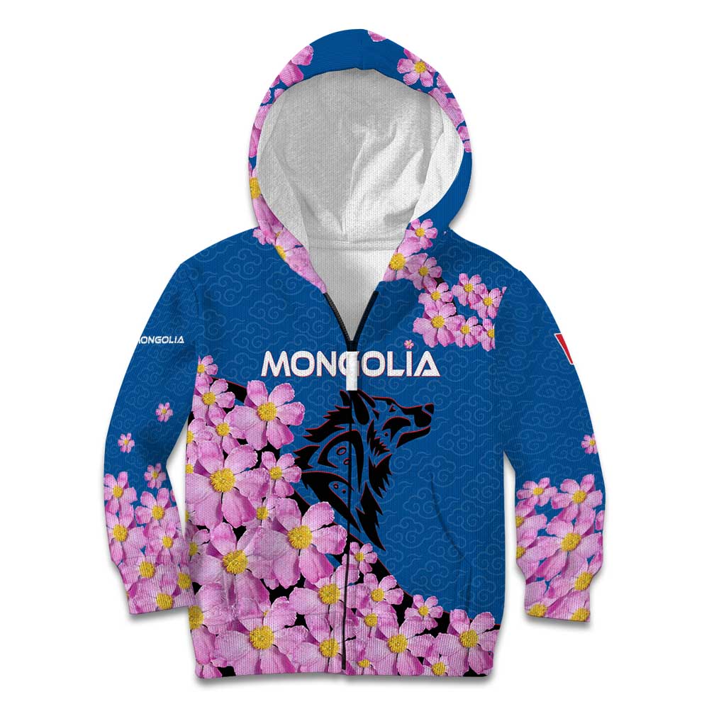 Mongolia Kid Hoodie with Floral Wolf Pink Blossom Blue Sky Spirit
