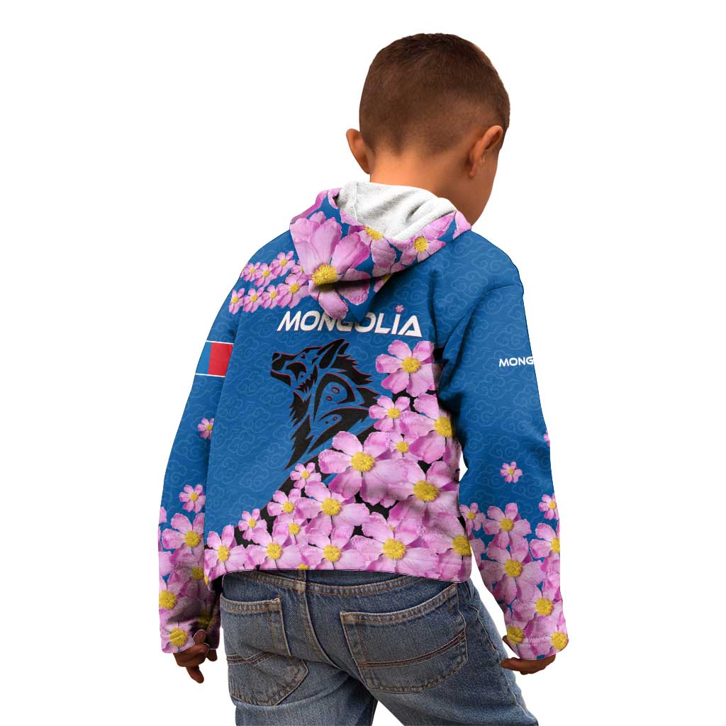 Mongolia Kid Hoodie with Floral Wolf Pink Blossom Blue Sky Spirit