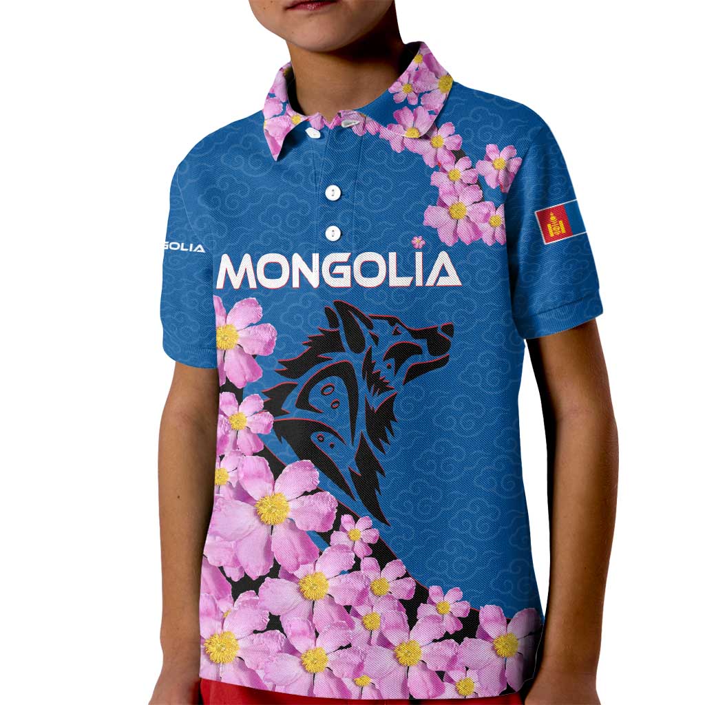Mongolia Kid Polo Shirt with Floral Wolf Pink Blossom Blue Sky Spirit