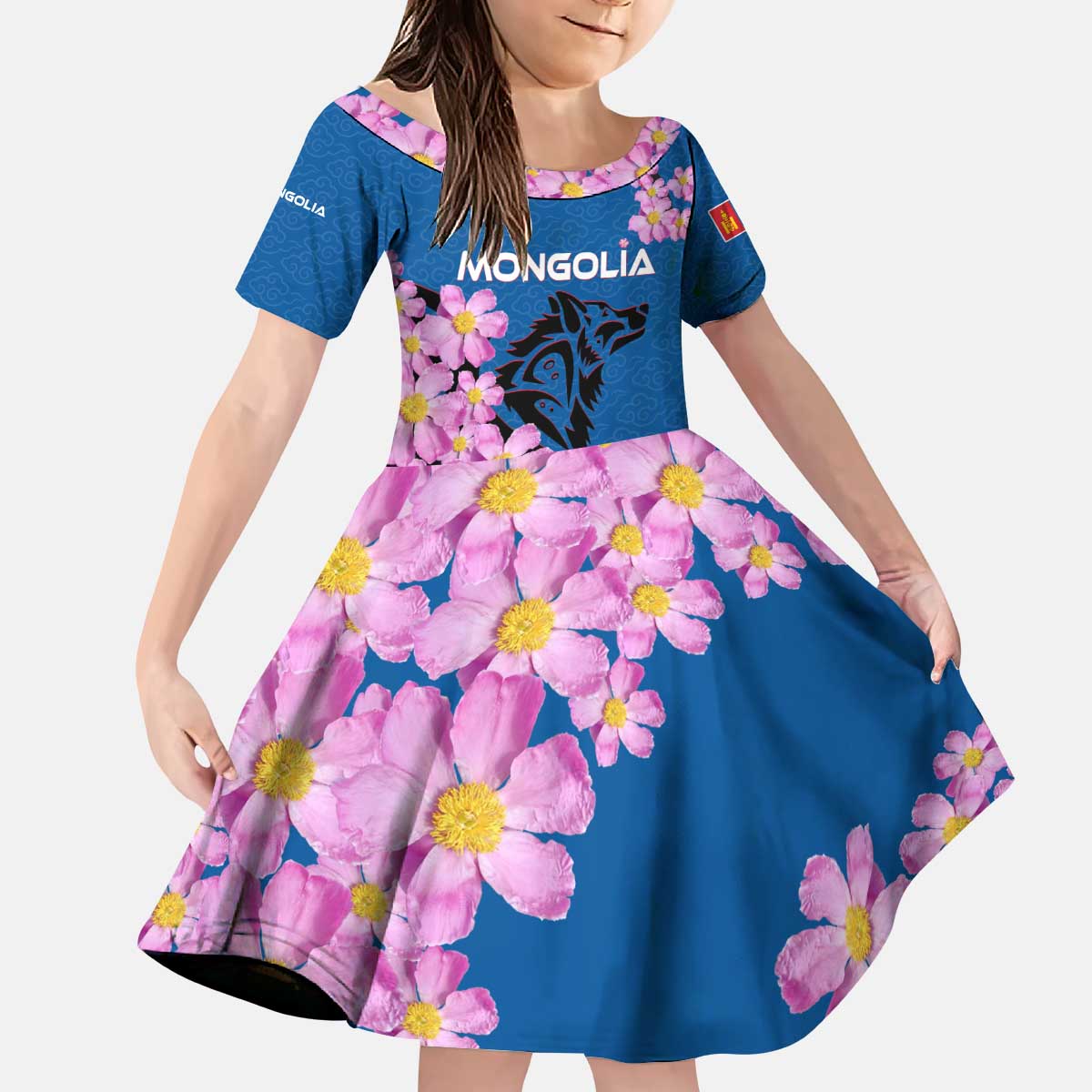 Mongolia Kid Short Sleeve Dress with Floral Wolf Pink Blossom Blue Sky Spirit