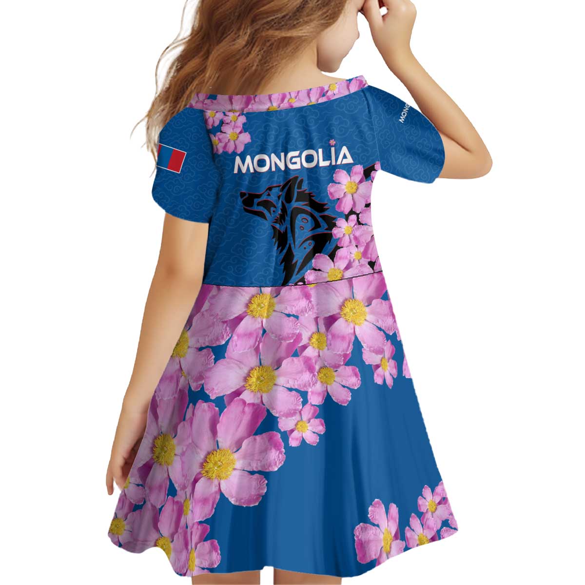 Mongolia Kid Short Sleeve Dress with Floral Wolf Pink Blossom Blue Sky Spirit