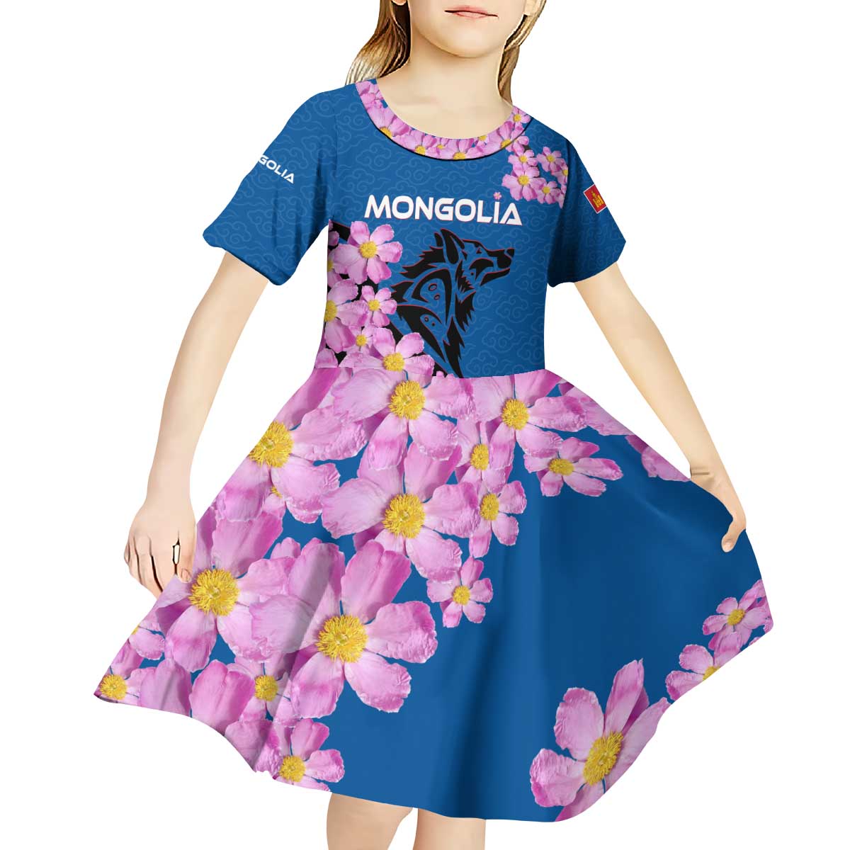 Mongolia Kid Short Sleeve Dress with Floral Wolf Pink Blossom Blue Sky Spirit