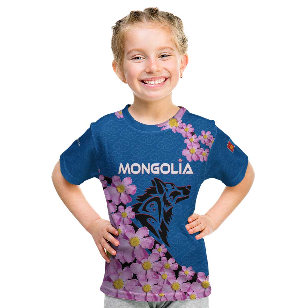 Mongolia Kid T Shirt with Floral Wolf Pink Blossom Blue Sky Spirit