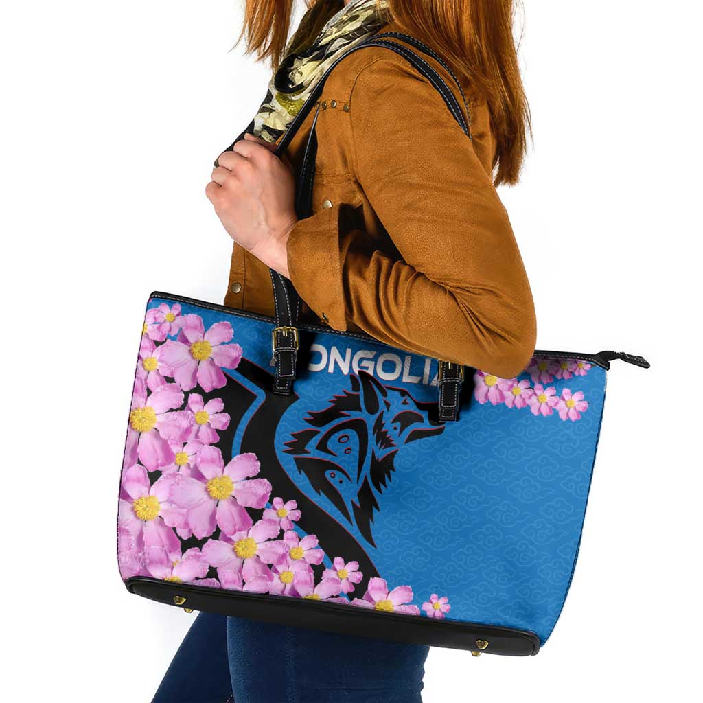 Mongolia Leather Tote Bag with Floral Wolf Pink Blossom Blue Sky Spirit