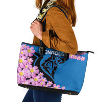 Mongolia Leather Tote Bag with Floral Wolf Pink Blossom Blue Sky Spirit