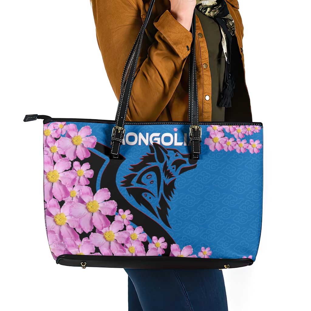 Mongolia Leather Tote Bag with Floral Wolf Pink Blossom Blue Sky Spirit