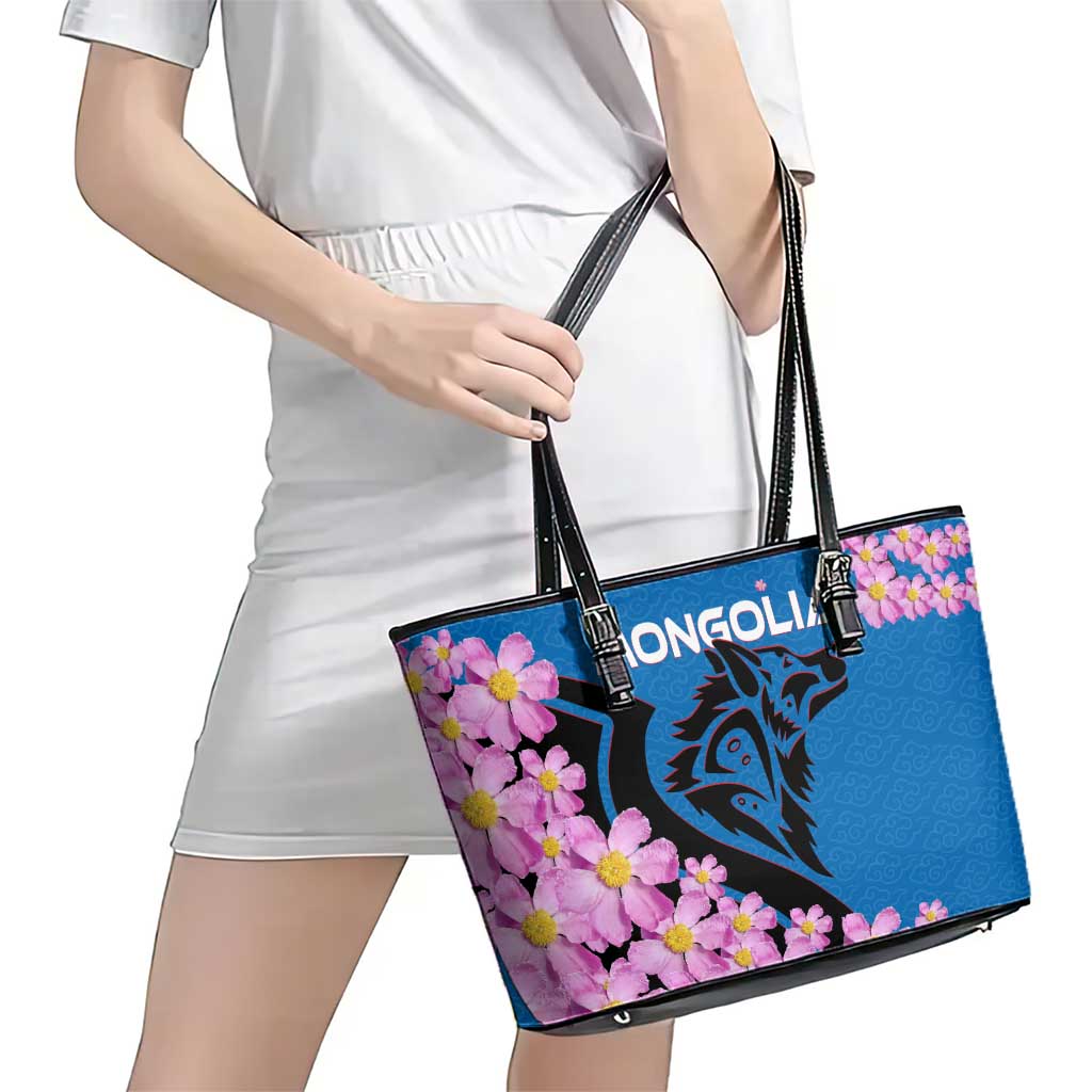 Mongolia Leather Tote Bag with Floral Wolf Pink Blossom Blue Sky Spirit