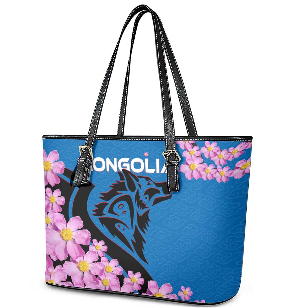 Mongolia Leather Tote Bag with Floral Wolf Pink Blossom Blue Sky Spirit