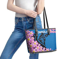 Mongolia Leather Tote Bag with Floral Wolf Pink Blossom Blue Sky Spirit