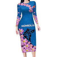 Mongolia Long Sleeve Bodycon Dress with Floral Wolf Pink Blossom Blue Sky Spirit