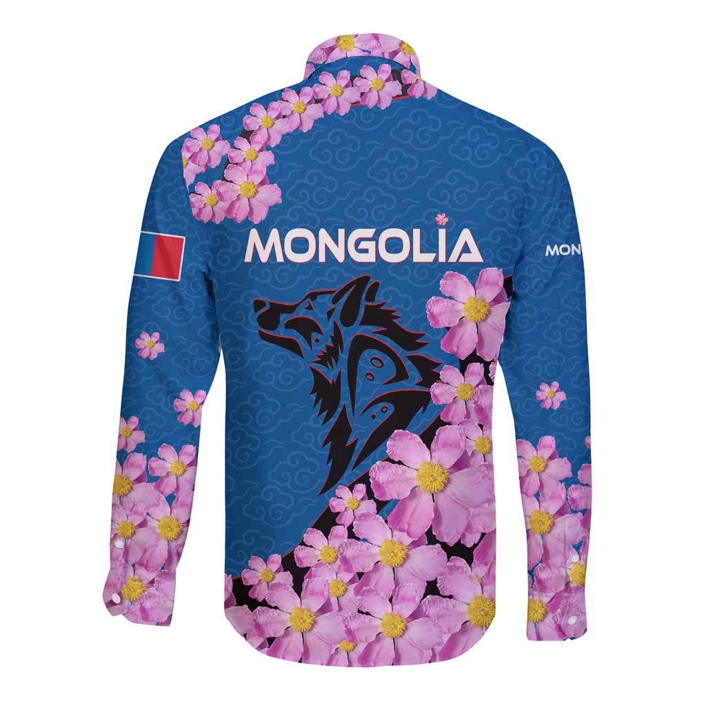 Mongolia Long Sleeve Button Shirt with Floral Wolf Pink Blossom Blue Sky Spirit