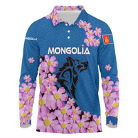 Mongolia Long Sleeve Polo Shirt with Floral Wolf Pink Blossom Blue Sky Spirit