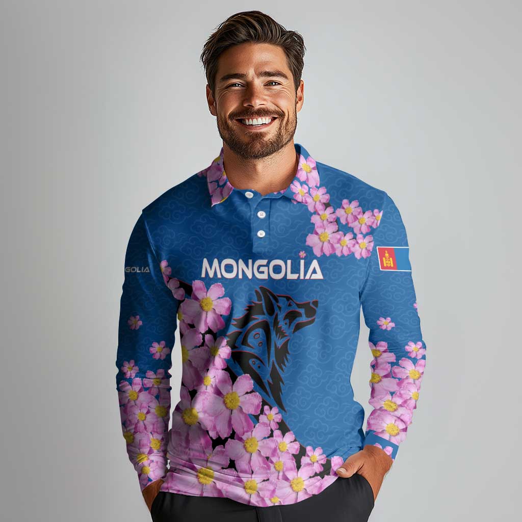 Mongolia Long Sleeve Polo Shirt with Floral Wolf Pink Blossom Blue Sky Spirit