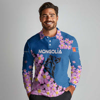Mongolia Long Sleeve Polo Shirt with Floral Wolf Pink Blossom Blue Sky Spirit