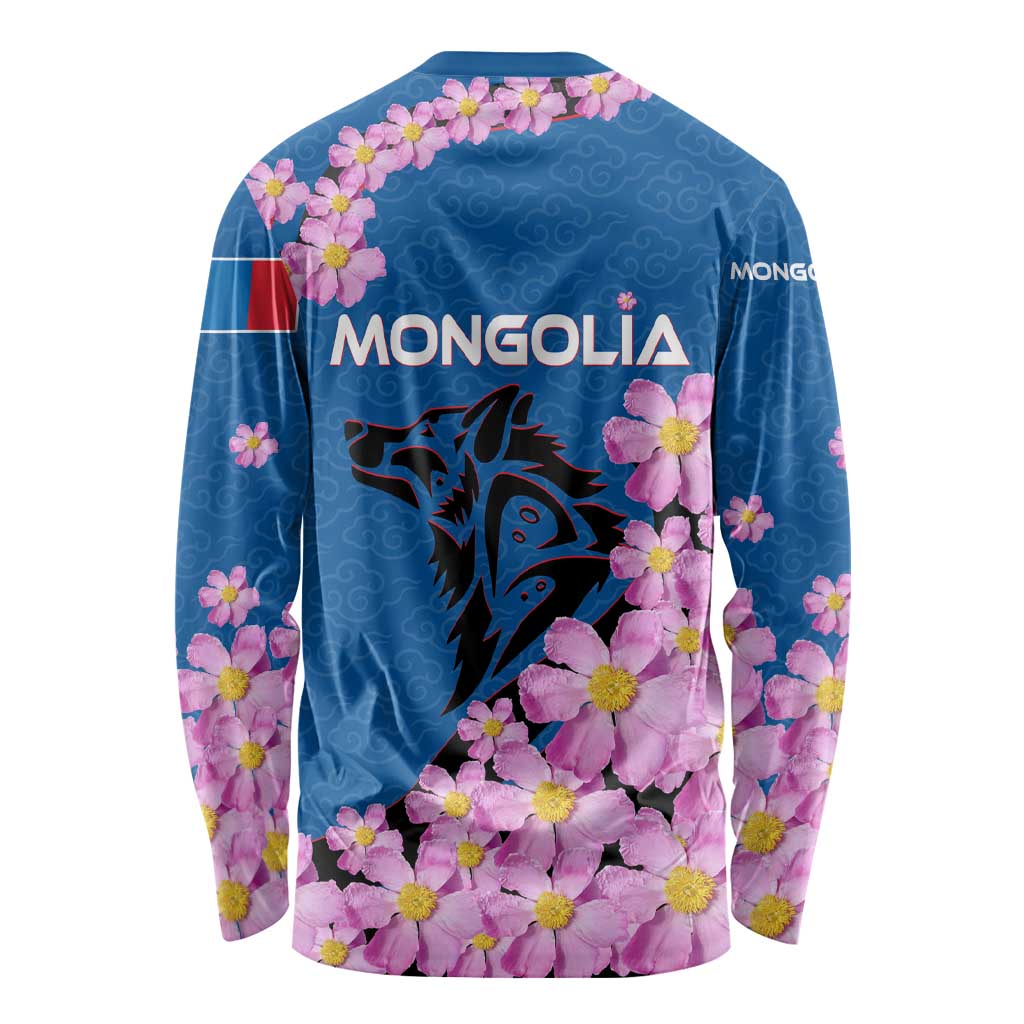 Mongolia Long Sleeve Shirt with Floral Wolf Pink Blossom Blue Sky Spirit