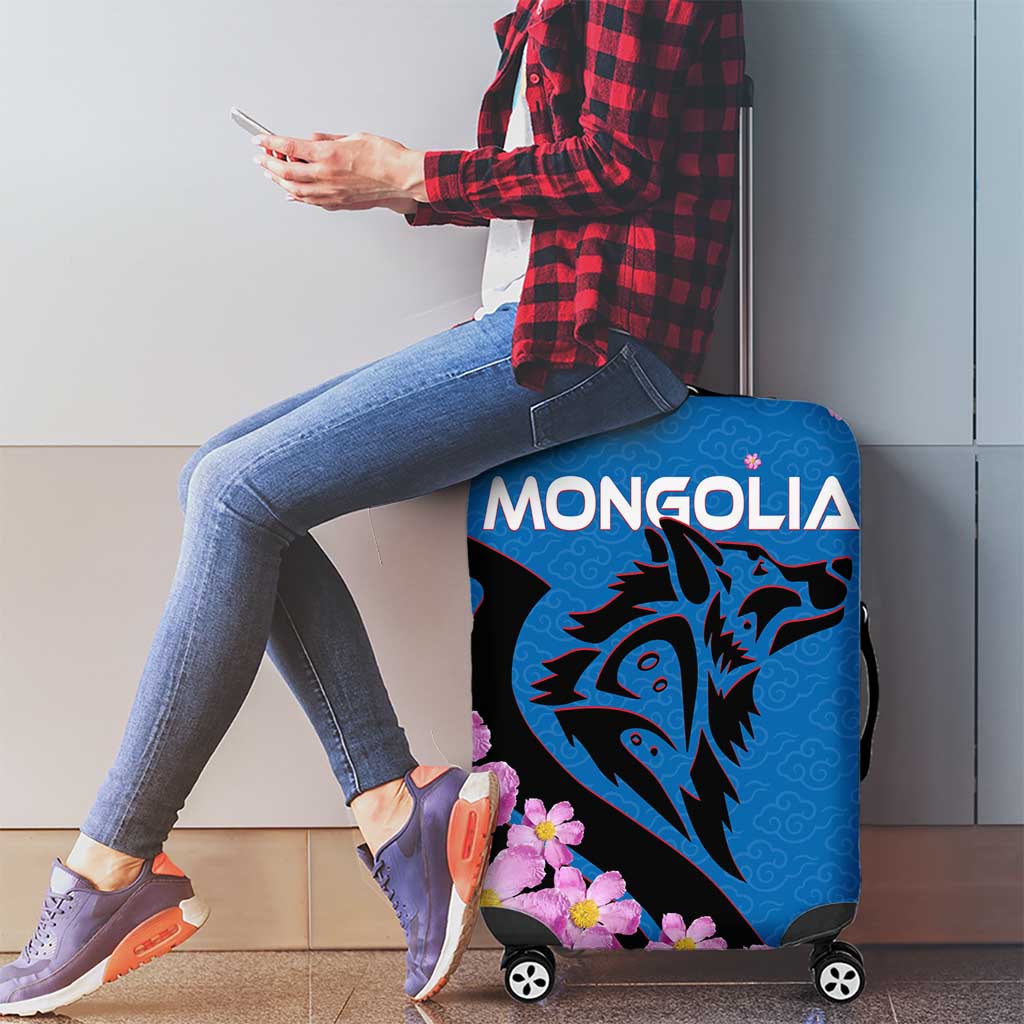 Mongolia Luggage Cover with Floral Wolf Pink Blossom Blue Sky Spirit