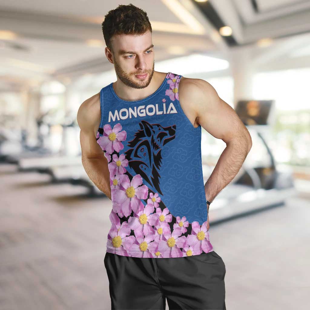 Mongolia Men Tank Top with Floral Wolf Pink Blossom Blue Sky Spirit