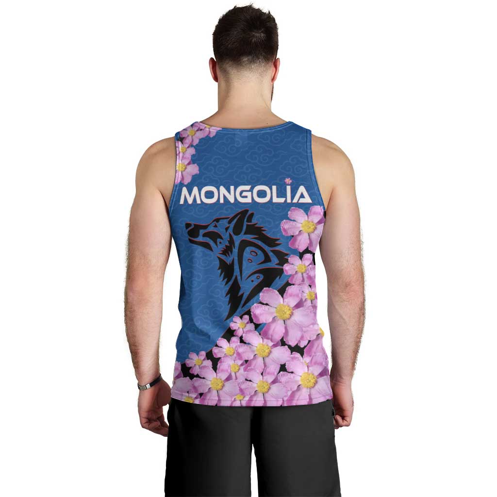 Mongolia Men Tank Top with Floral Wolf Pink Blossom Blue Sky Spirit
