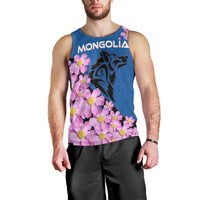 Mongolia Men Tank Top with Floral Wolf Pink Blossom Blue Sky Spirit