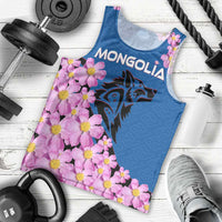Mongolia Men Tank Top with Floral Wolf Pink Blossom Blue Sky Spirit