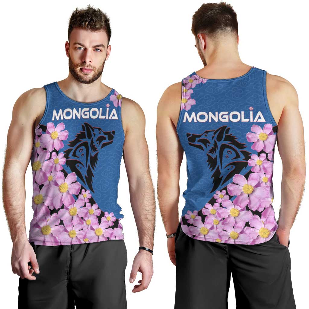 Mongolia Men Tank Top with Floral Wolf Pink Blossom Blue Sky Spirit