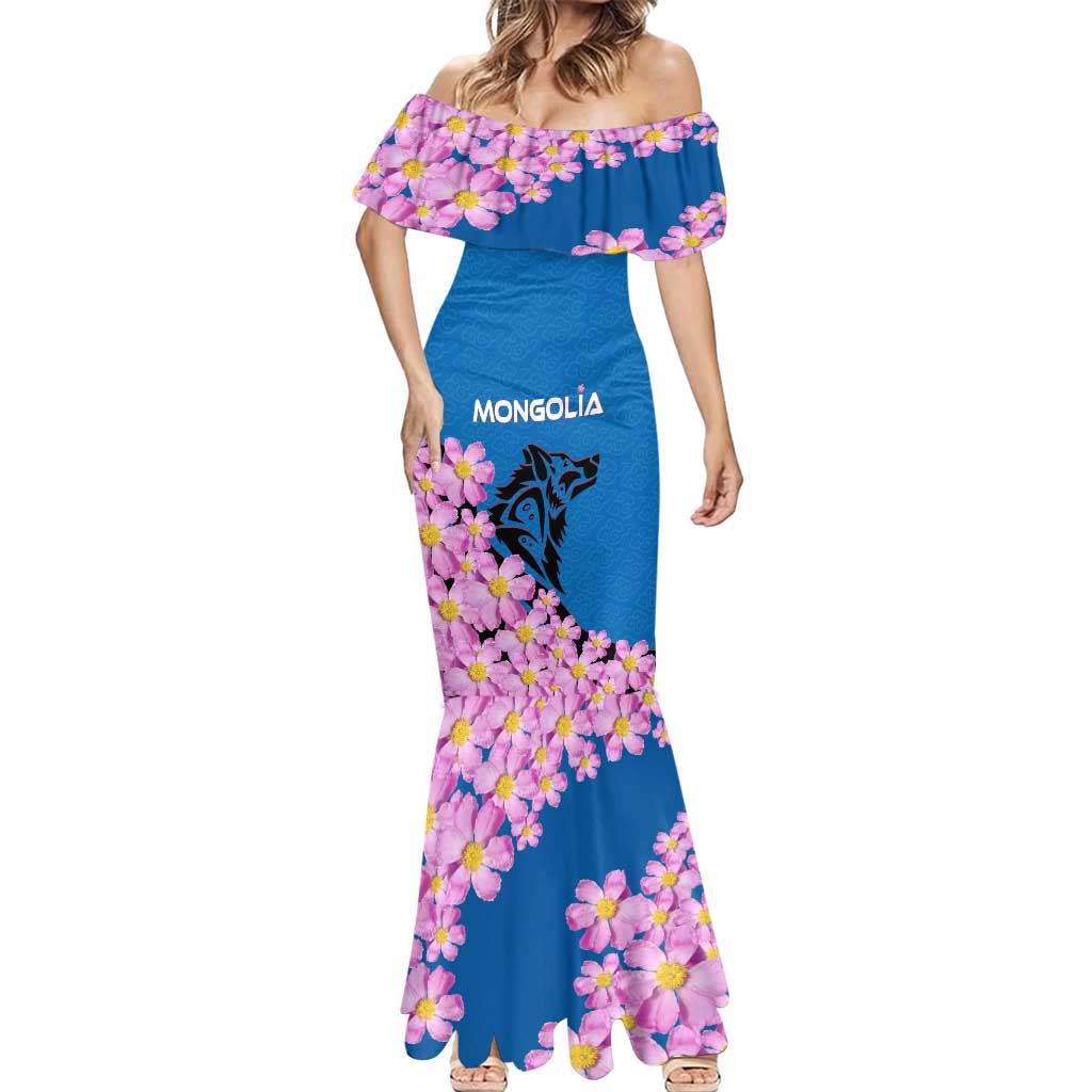 Mongolia Mermaid Dress with Floral Wolf Pink Blossom Blue Sky Spirit