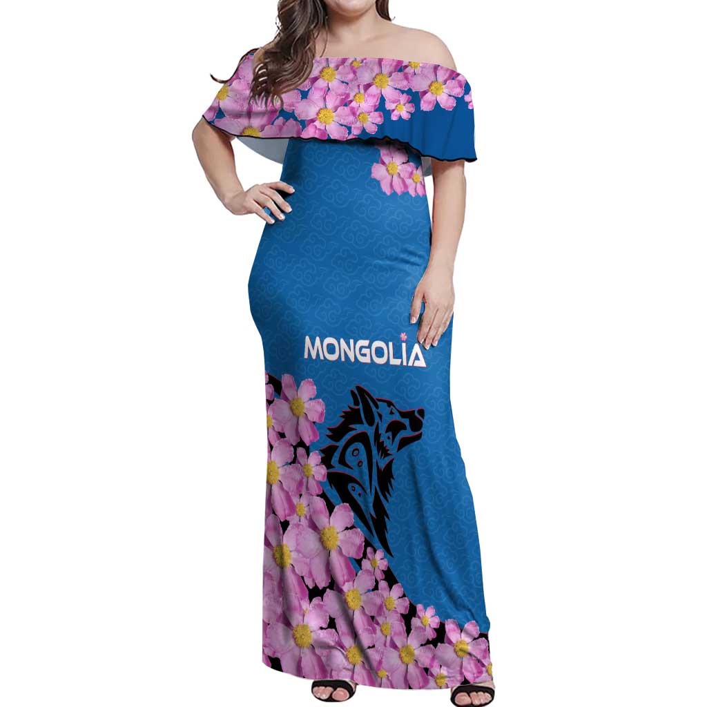 Mongolia Off Shoulder Maxi Dress with Floral Wolf Pink Blossom Blue Sky Spirit