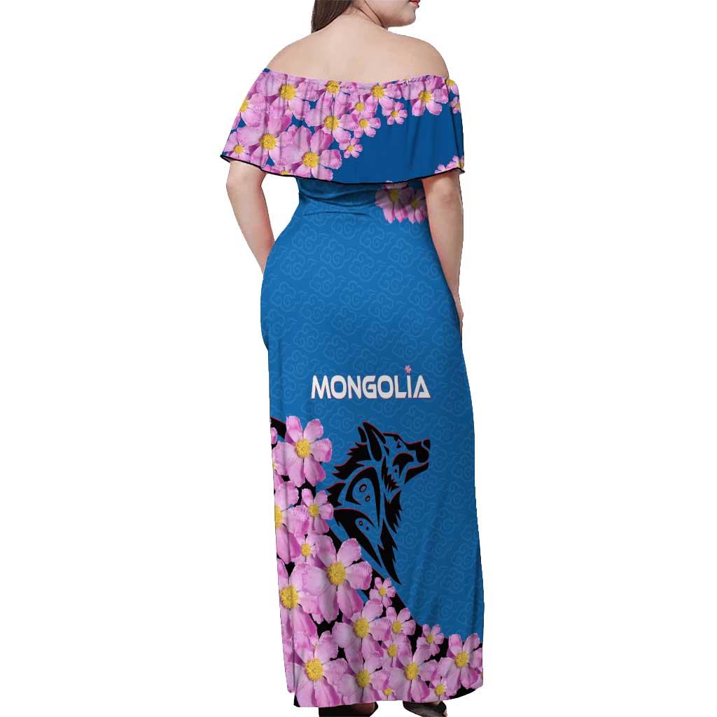 Mongolia Off Shoulder Maxi Dress with Floral Wolf Pink Blossom Blue Sky Spirit