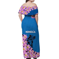 Mongolia Off Shoulder Maxi Dress with Floral Wolf Pink Blossom Blue Sky Spirit
