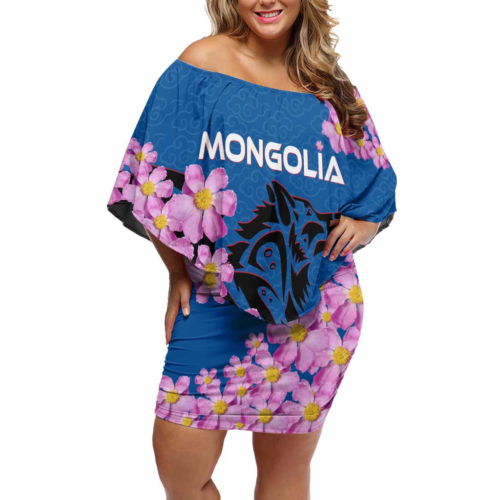 Mongolia Off Shoulder Short Dress with Floral Wolf Pink Blossom Blue Sky Spirit
