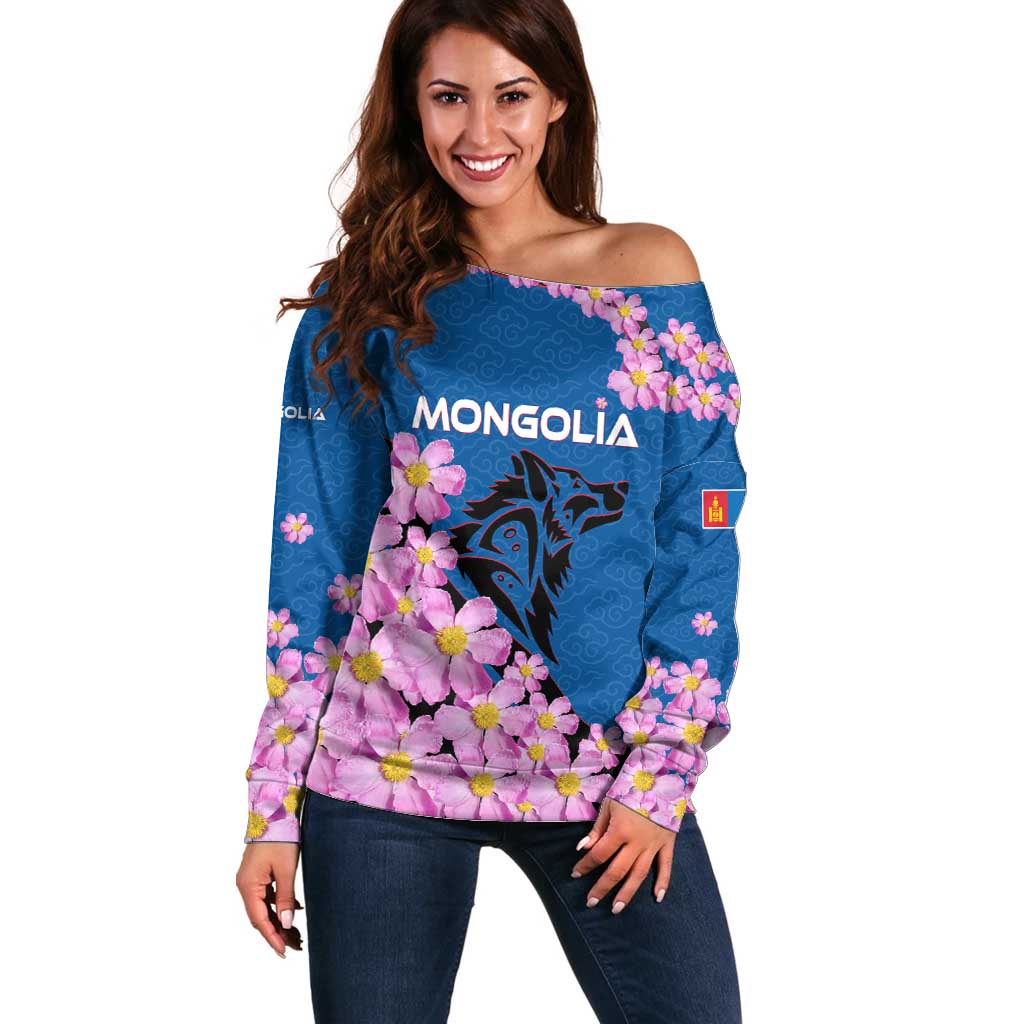 Mongolia Off Shoulder Sweater with Floral Wolf Pink Blossom Blue Sky Spirit