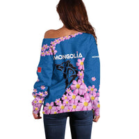 Mongolia Off Shoulder Sweater with Floral Wolf Pink Blossom Blue Sky Spirit