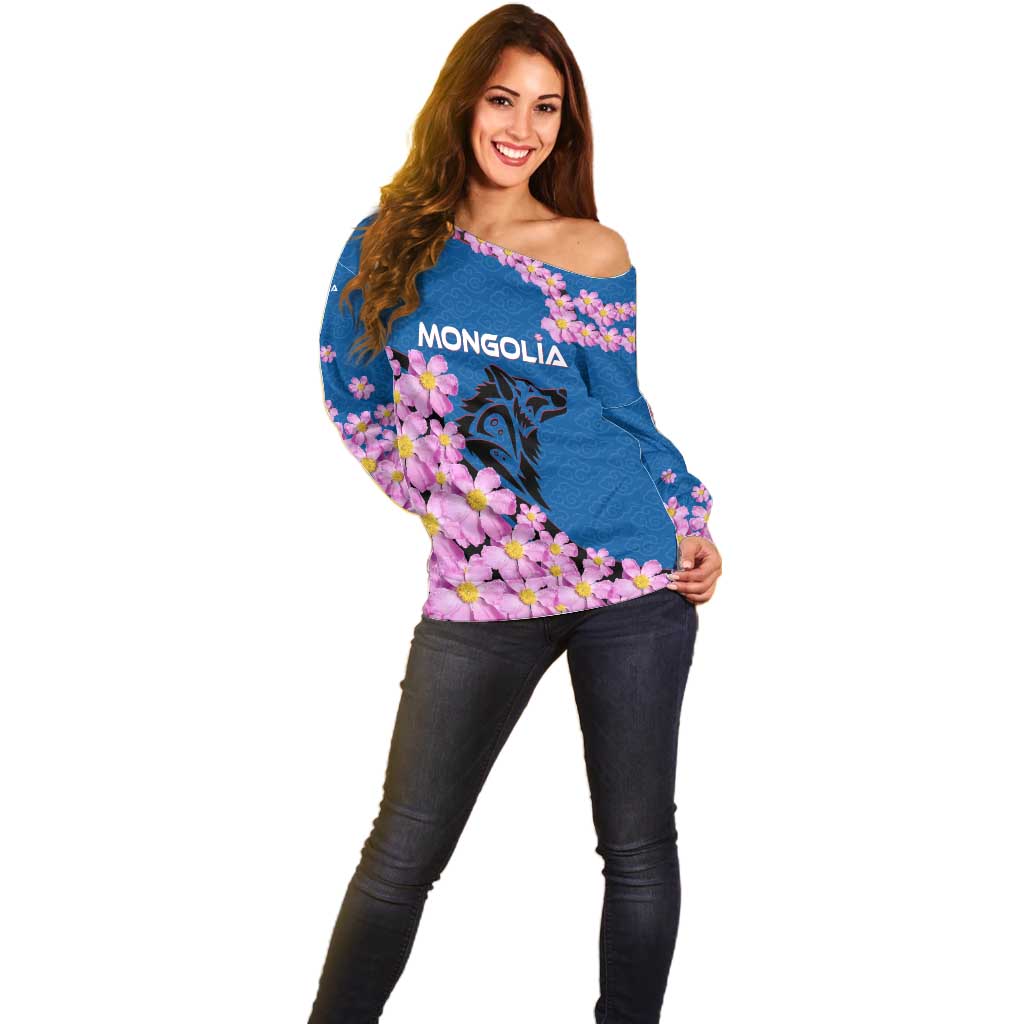 Mongolia Off Shoulder Sweater with Floral Wolf Pink Blossom Blue Sky Spirit