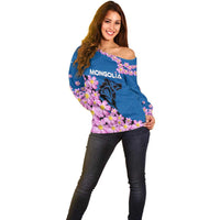 Mongolia Off Shoulder Sweater with Floral Wolf Pink Blossom Blue Sky Spirit